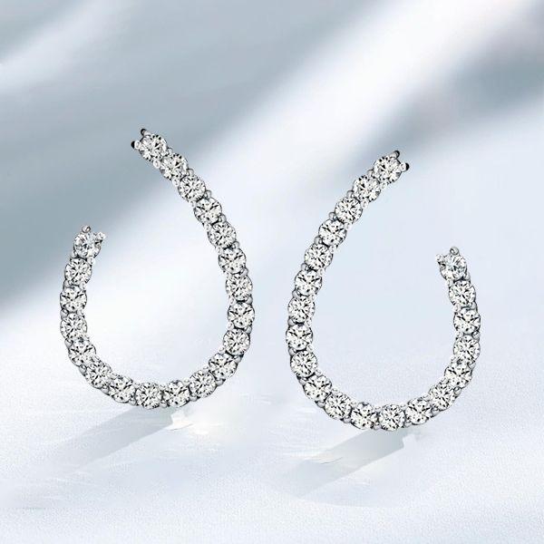 White Sapphire Hoop Earrings Sterling Silver - Round Cut, Rhodium Plated