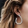White Sapphire Hoop Earrings Sterling Silver - Round Cut, Rhodium Plated