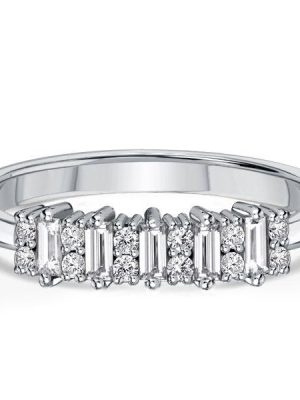 Sterling Silver Round & Baguette CZ Wedding Band Ring for Women