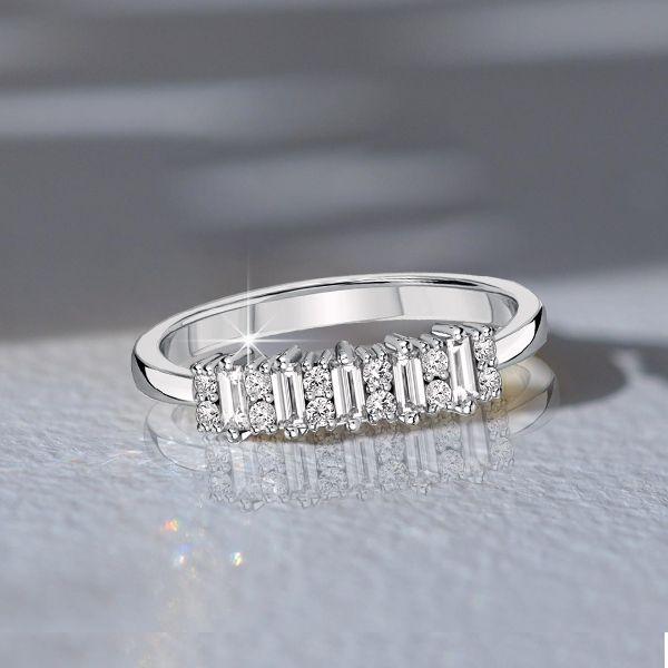 Sterling Silver Round & Baguette CZ Wedding Band Ring for Women
