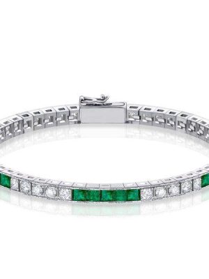 Emerald & White Asscher Cut Tennis Bracelet - Sterling Silver - 6.20 CT. TW