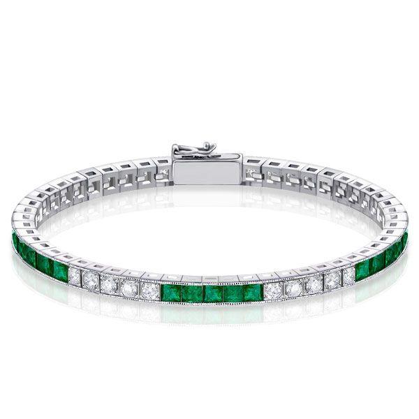 Emerald & White Asscher Cut Tennis Bracelet - Sterling Silver - 6.20 CT. TW