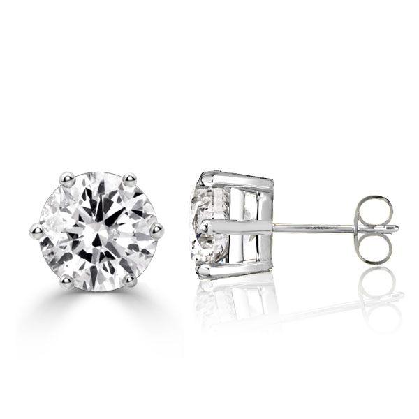 Round Cut Cubic Zirconia Stud Earrings - 925 Sterling Silver Six Prong Setting