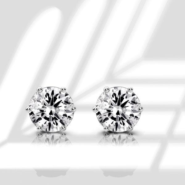Round Cut Cubic Zirconia Stud Earrings - 925 Sterling Silver Six Prong Setting