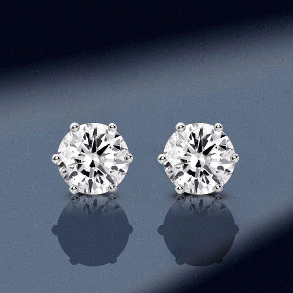 Round Cut Cubic Zirconia Stud Earrings - 925 Sterling Silver Six Prong Setting