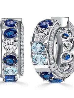 Oval Blue Sapphire & Aquamarine Sterling Silver Hoop Earrings