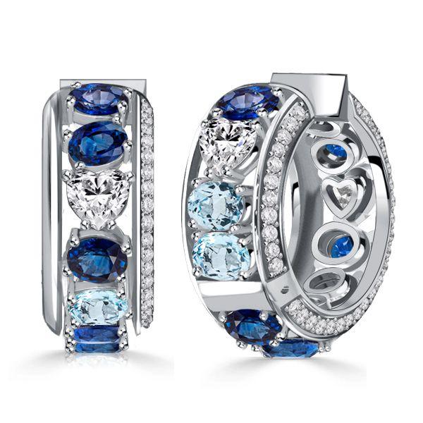 Oval Blue Sapphire & Aquamarine Sterling Silver Hoop Earrings