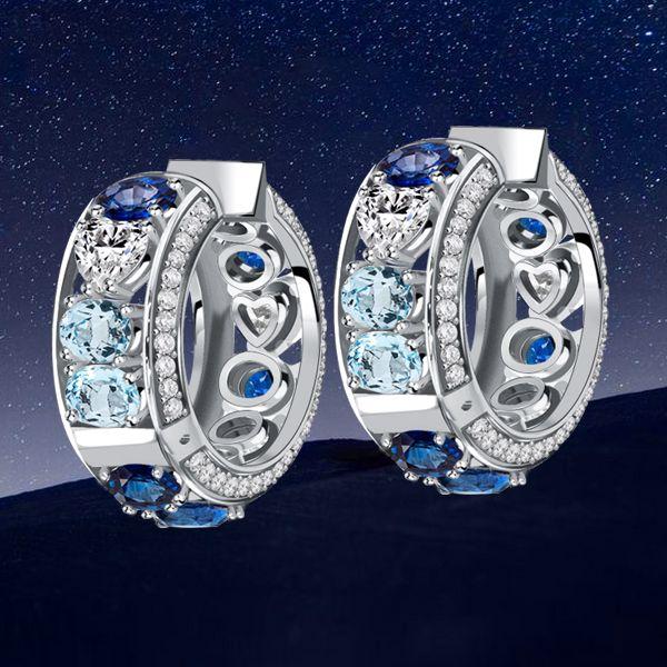 Oval Blue Sapphire & Aquamarine Sterling Silver Hoop Earrings