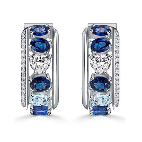 Oval Blue Sapphire & Aquamarine Sterling Silver Hoop Earrings