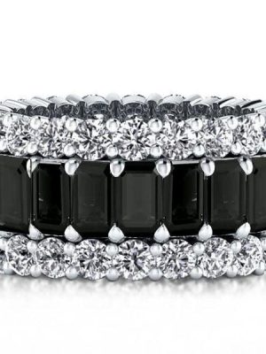 Triple Row Created Emerald & Black Sapphire Wedding Band in Sterling Silver