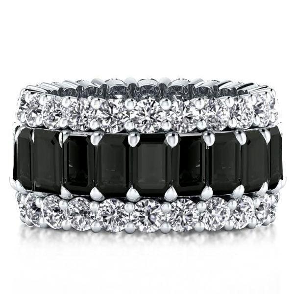 Triple Row Created Emerald & Black Sapphire Wedding Band in Sterling Silver