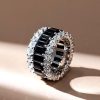 Triple Row Created Emerald & Black Sapphire Wedding Band in Sterling Silver