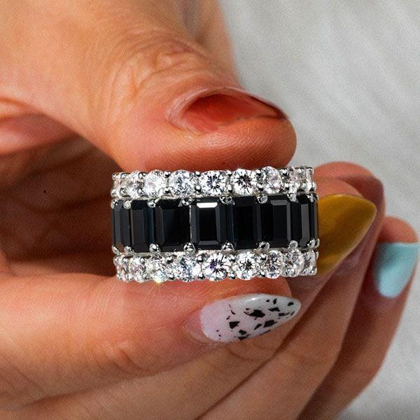 Triple Row Created Emerald & Black Sapphire Wedding Band in Sterling Silver