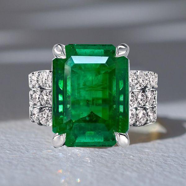 Emerald Cut Green CZ Engagement Ring Set - 925 Sterling Silver Wedding Set