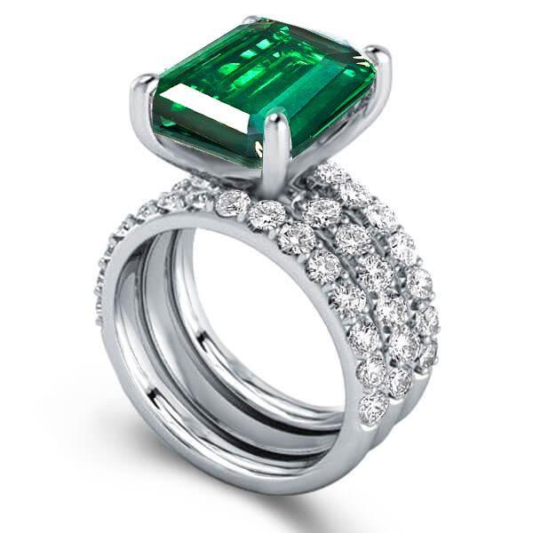 Emerald Cut Green CZ Engagement Ring Set - 925 Sterling Silver Wedding Set