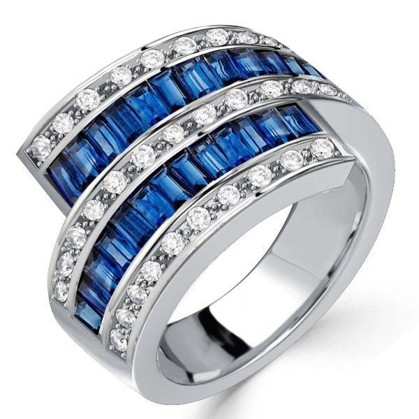 Vintage Bypass Blue Sapphire Wedding Band Ring in Sterling Silver