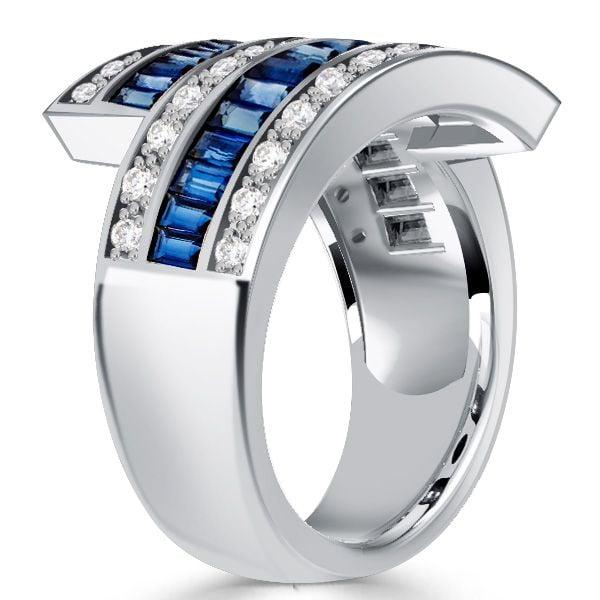 Vintage Bypass Blue Sapphire Wedding Band Ring in Sterling Silver