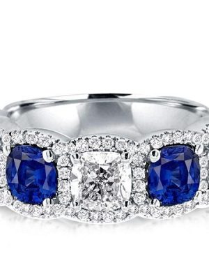 Halo Cushion Cut Blue Sapphire Sterling Silver Wedding Band