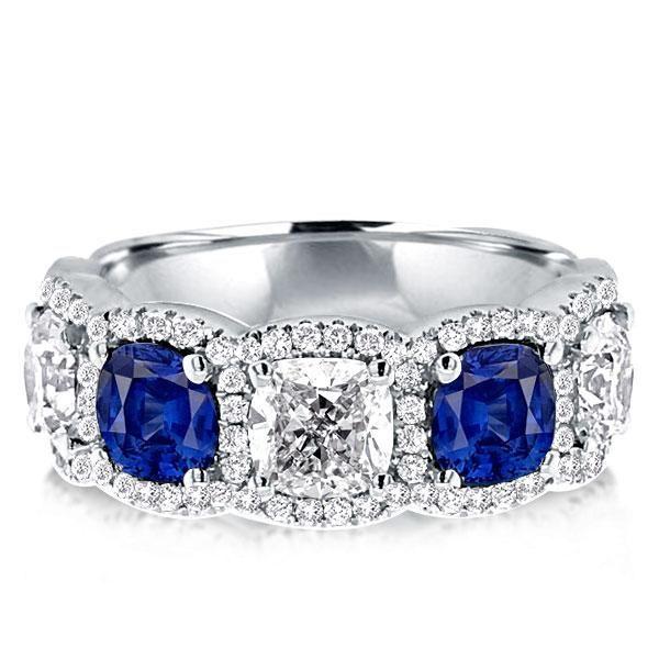 Halo Cushion Cut Blue Sapphire Sterling Silver Wedding Band