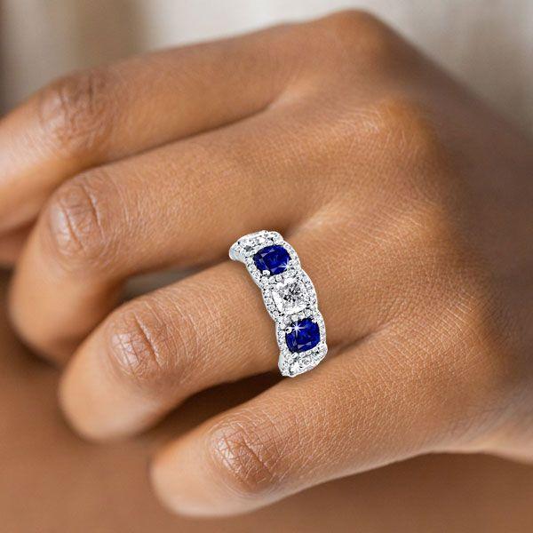 Halo Cushion Cut Blue Sapphire Sterling Silver Wedding Band