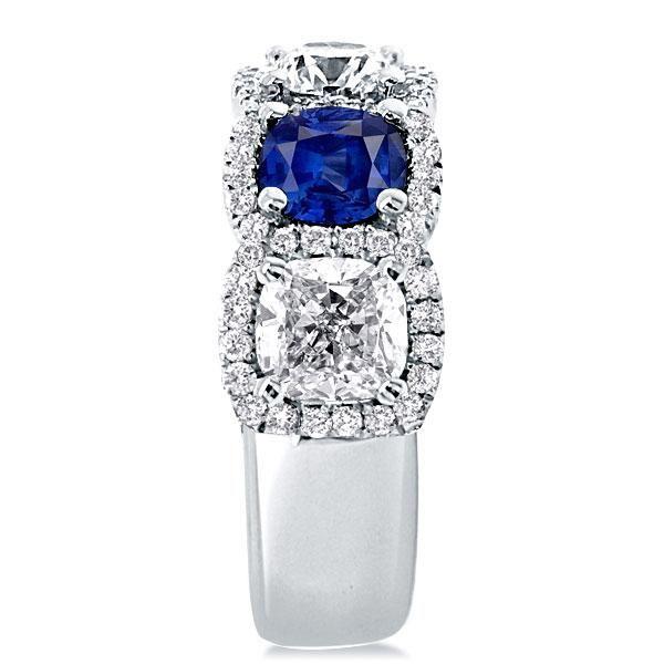 Halo Cushion Cut Blue Sapphire Sterling Silver Wedding Band
