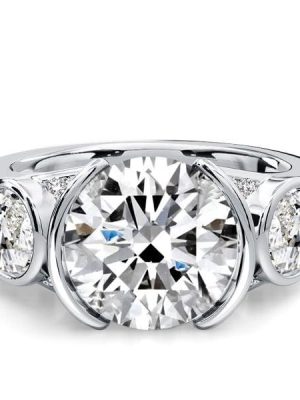 Three Stone Pear & Round Cut Engagement Ring, Half Bezel Setting, 5.41 CTW, Sterling Silver