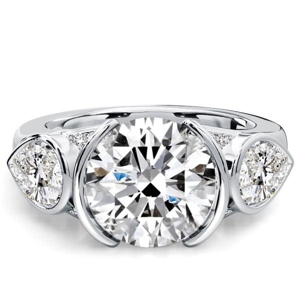 Three Stone Pear & Round Cut Engagement Ring, Half Bezel Setting, 5.41 CTW, Sterling Silver