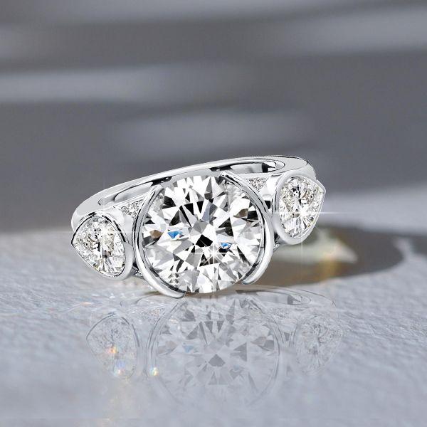 Three Stone Pear & Round Cut Engagement Ring, Half Bezel Setting, 5.41 CTW, Sterling Silver