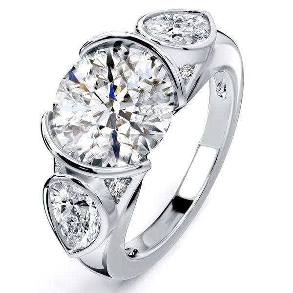 Three Stone Pear & Round Cut Engagement Ring, Half Bezel Setting, 5.41 CTW, Sterling Silver