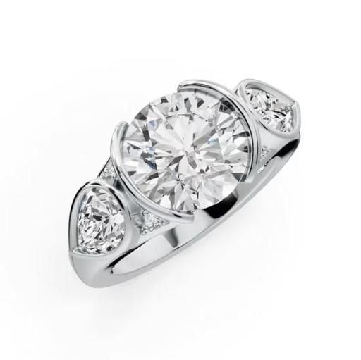 Three Stone Pear & Round Cut Engagement Ring, Half Bezel Setting, 5.41 CTW, Sterling Silver