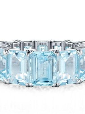 Emerald Cut Aquamarine Eternity Wedding Band in Rhodium-Plated 925 Sterling Silver