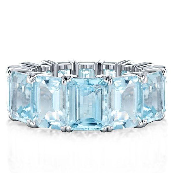 Emerald Cut Aquamarine Eternity Wedding Band in Rhodium-Plated 925 Sterling Silver