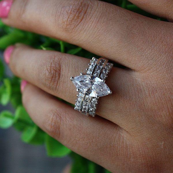 White Sapphire Sidestone Engagement Ring - Sterling Silver