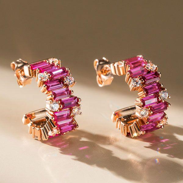Baguette Cut Ruby & Sapphire Hoop Earrings in Sterling Silver