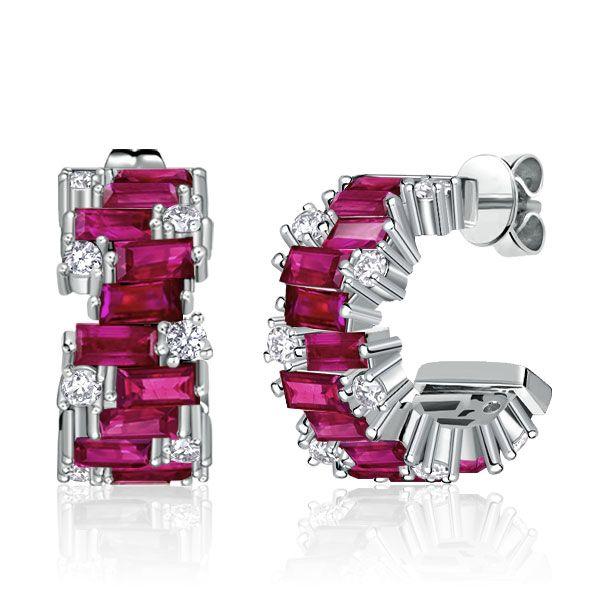 Baguette Cut Ruby & Sapphire Hoop Earrings in Sterling Silver