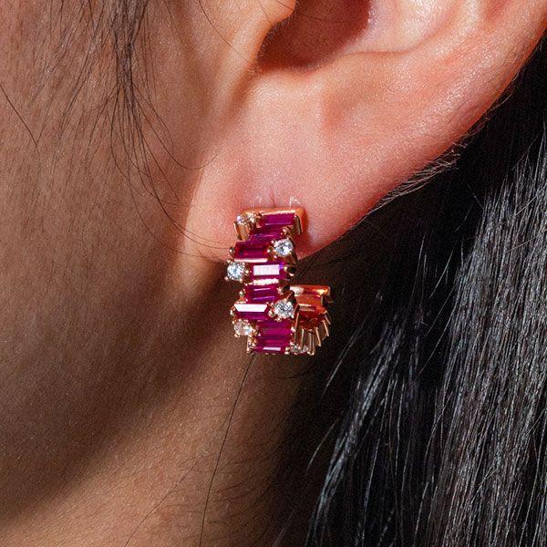 Baguette Cut Ruby & Sapphire Hoop Earrings in Sterling Silver