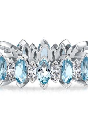 Marquise Cut Aquamarine and White Sapphire Wedding Band in Rhodium Plated Sterling Silver