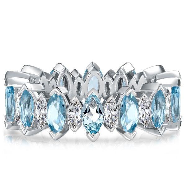 Marquise Cut Aquamarine and White Sapphire Wedding Band in Rhodium Plated Sterling Silver