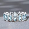 Marquise Cut Aquamarine and White Sapphire Wedding Band in Rhodium Plated Sterling Silver