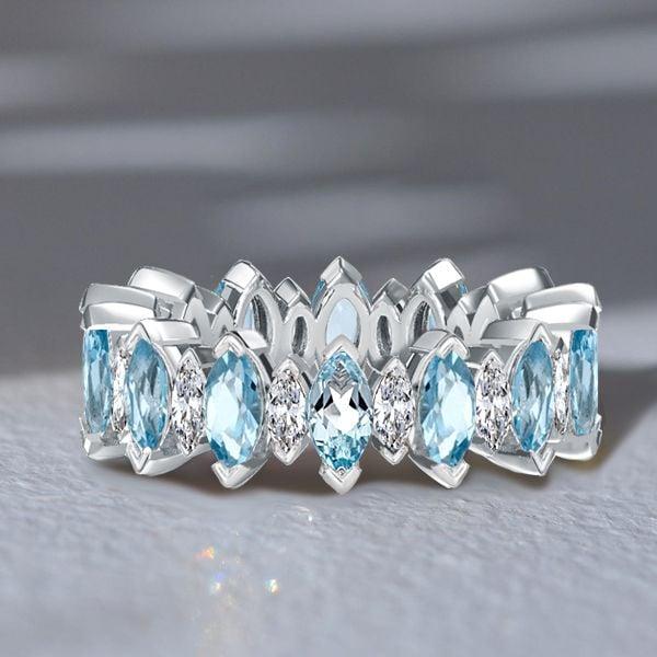 Marquise Cut Aquamarine and White Sapphire Wedding Band in Rhodium Plated Sterling Silver