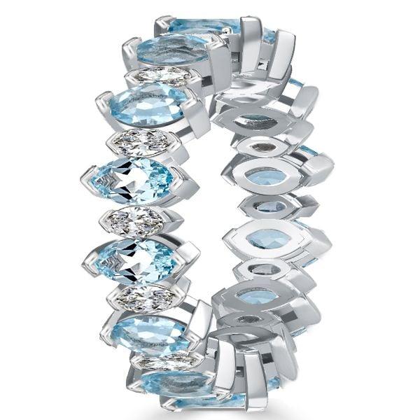 Marquise Cut Aquamarine and White Sapphire Wedding Band in Rhodium Plated Sterling Silver