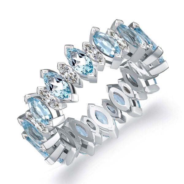 Marquise Cut Aquamarine and White Sapphire Wedding Band in Rhodium Plated Sterling Silver