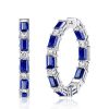 Emerald Cut Blue Sapphire Hoop Earrings - Sterling Silver Large Hoops