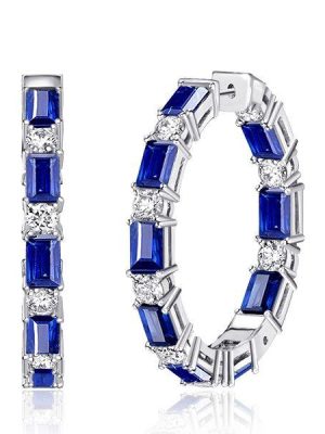 Emerald Cut Blue Sapphire Hoop Earrings - Sterling Silver Large Hoops