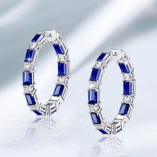 Emerald Cut Blue Sapphire Hoop Earrings - Sterling Silver Large Hoops