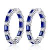 Emerald Cut Blue Sapphire Hoop Earrings - Sterling Silver Large Hoops