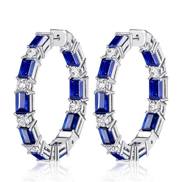 Emerald Cut Blue Sapphire Hoop Earrings - Sterling Silver Large Hoops