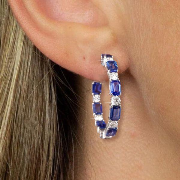 Emerald Cut Blue Sapphire Hoop Earrings - Sterling Silver Large Hoops