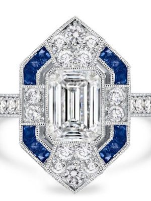 Art Deco Emerald Cut Engagement Ring - 925 Sterling Silver Milgrain Detail