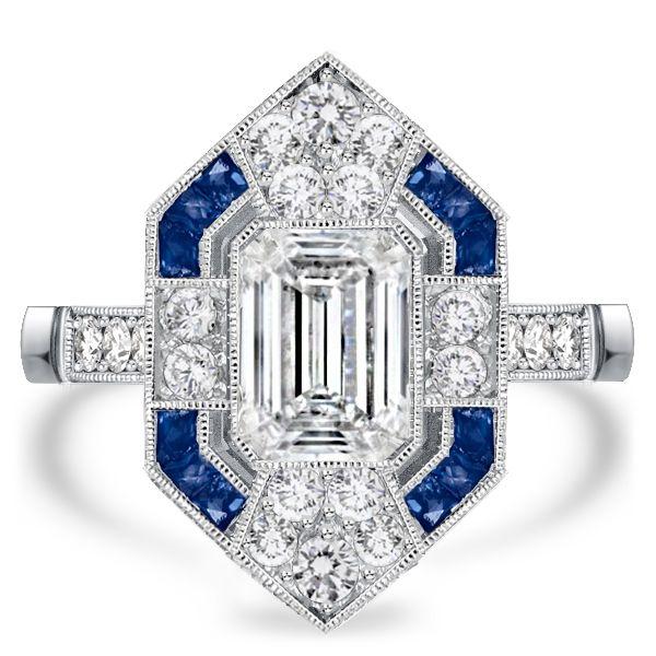 Art Deco Emerald Cut Engagement Ring - 925 Sterling Silver Milgrain Detail